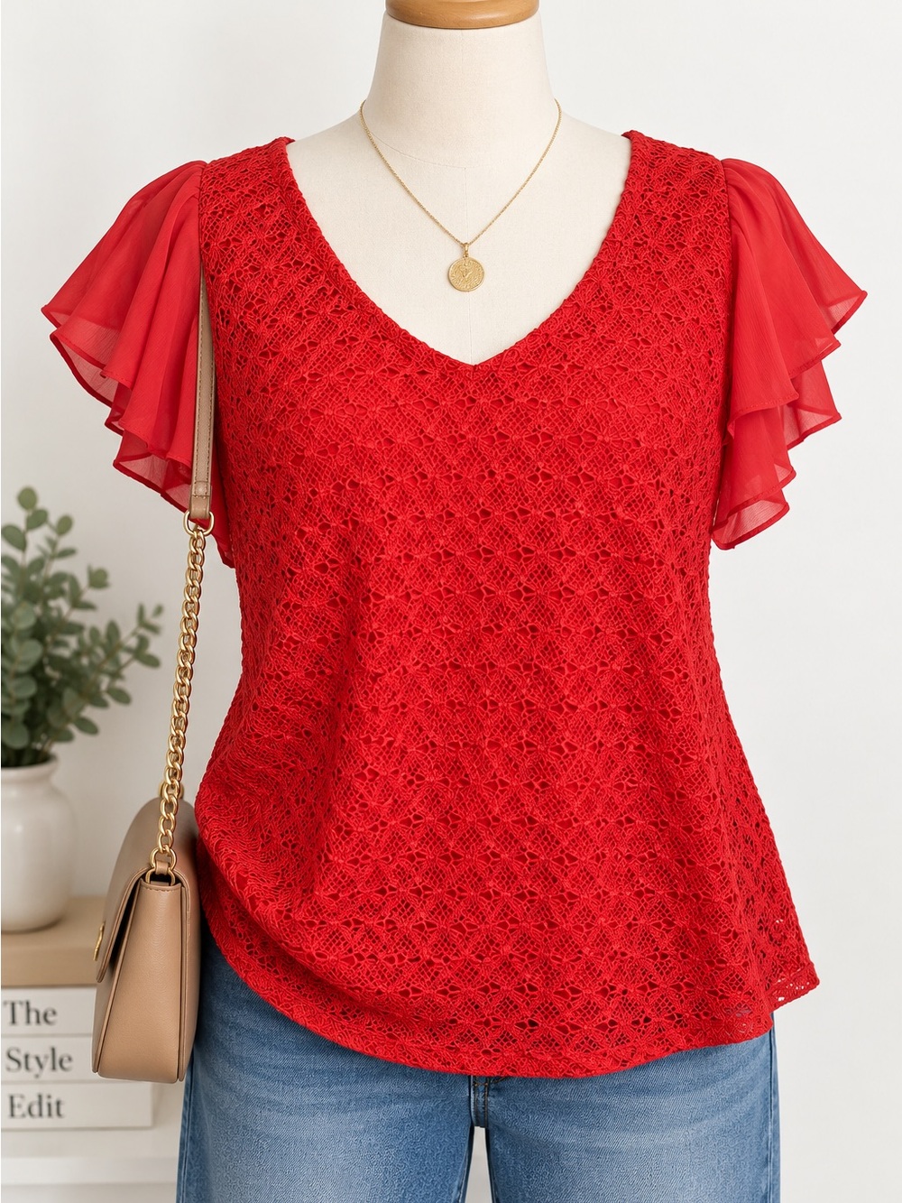 Grace Elements Womens 3X Red Lace Blouse Chiffon Flutter Sleeve Plus Size Top